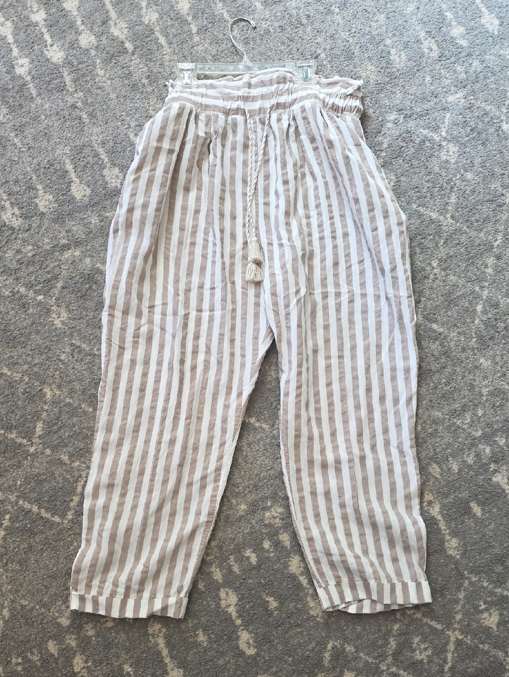 Zara Taupe & White Striped Wide-Leg Drawstring Pants